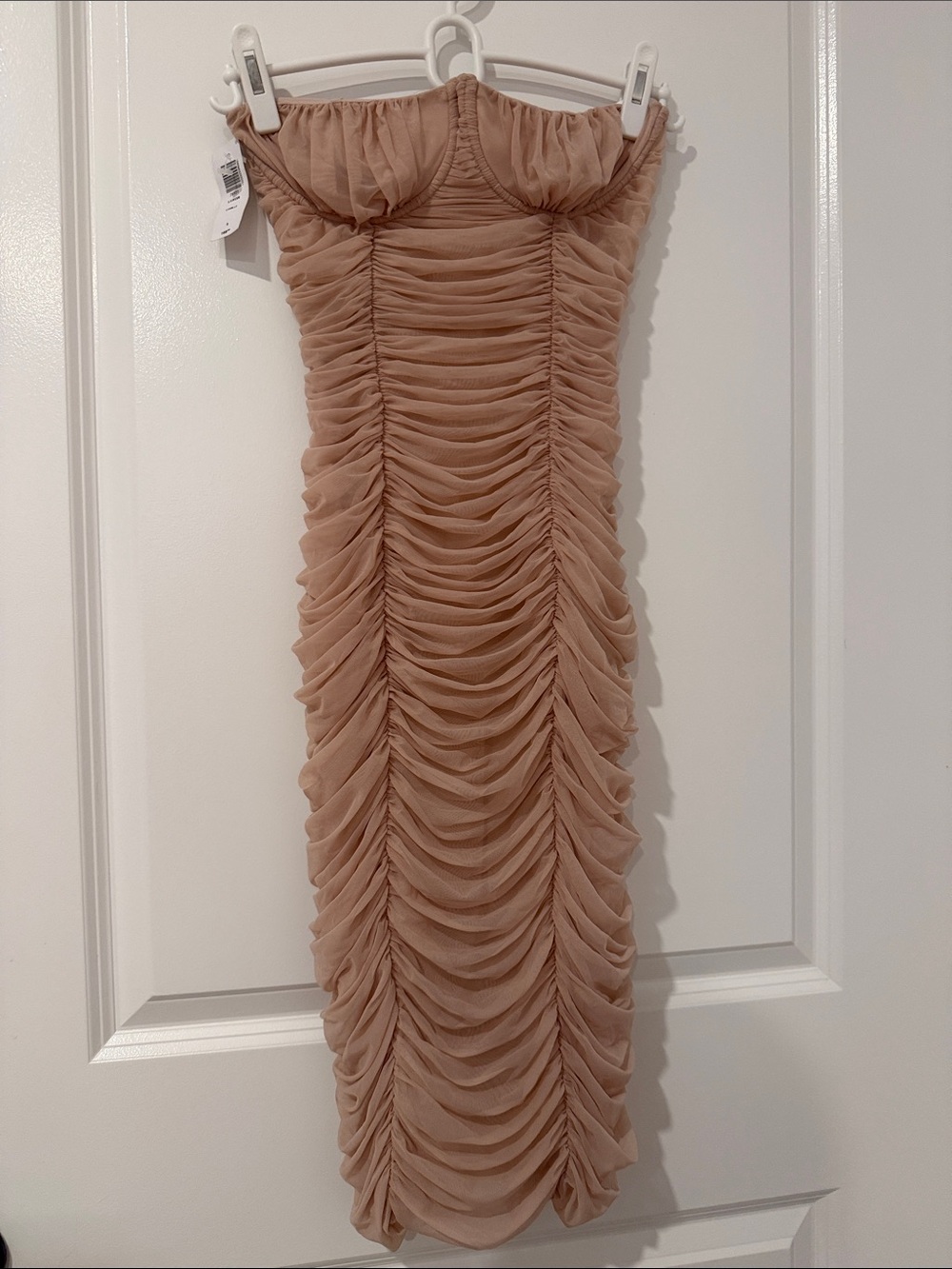 Aritzia Babaton Strapless Ruched Midi Dress in Blush